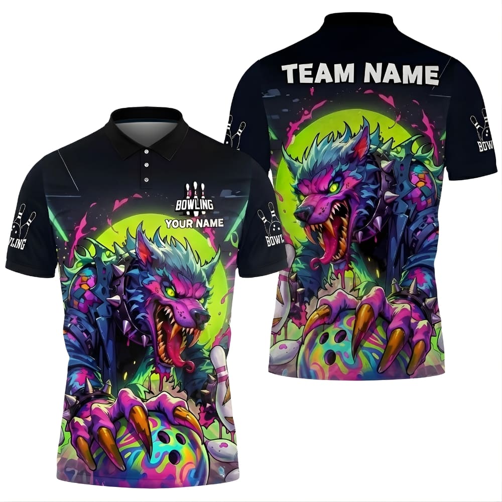 Aggressive Wolf Bowling Team Polo Shirt – Neon Fantasy Design – Custom Name & Team Name