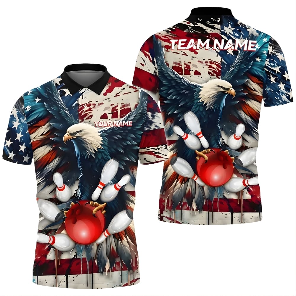 American Eagle Bowling Polo Shirt – Personalized Name & Team Name, Patriotic USA Bowling Jersey