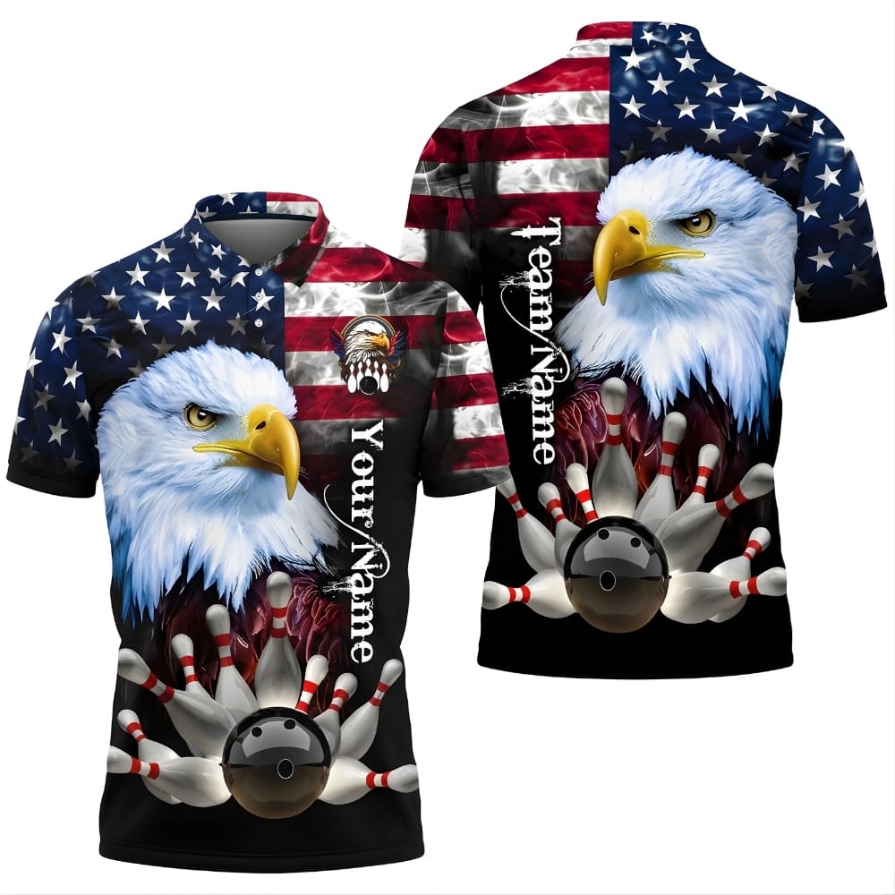 American Eagle Bowling Shirt Personalized Name – USA Flag Bowling Polo for Men & Team
