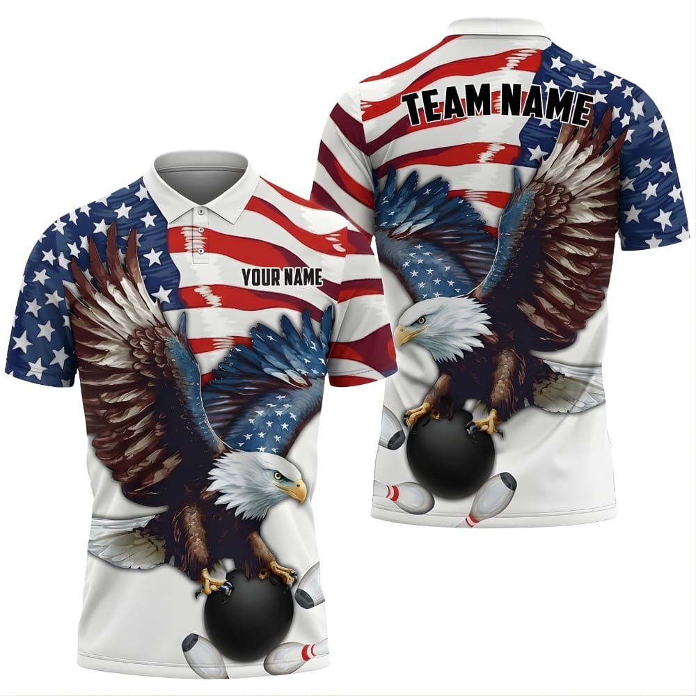 American Eagle Bowling Shirt Personalized Team Name – USA Flag Bowling Polo for Men