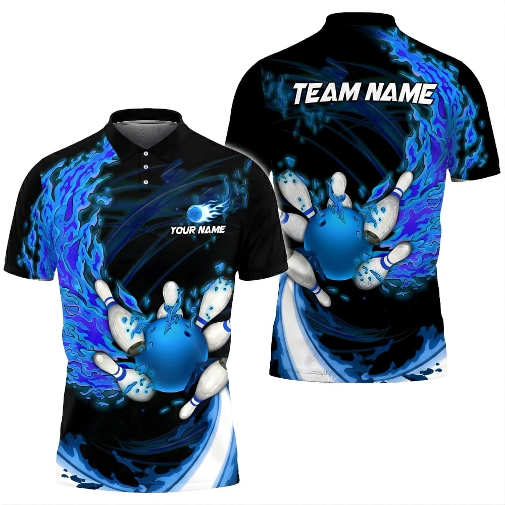Bowling Flame Polo Shirt with Personalized Name & Team Name – Custom Bowling Shirt