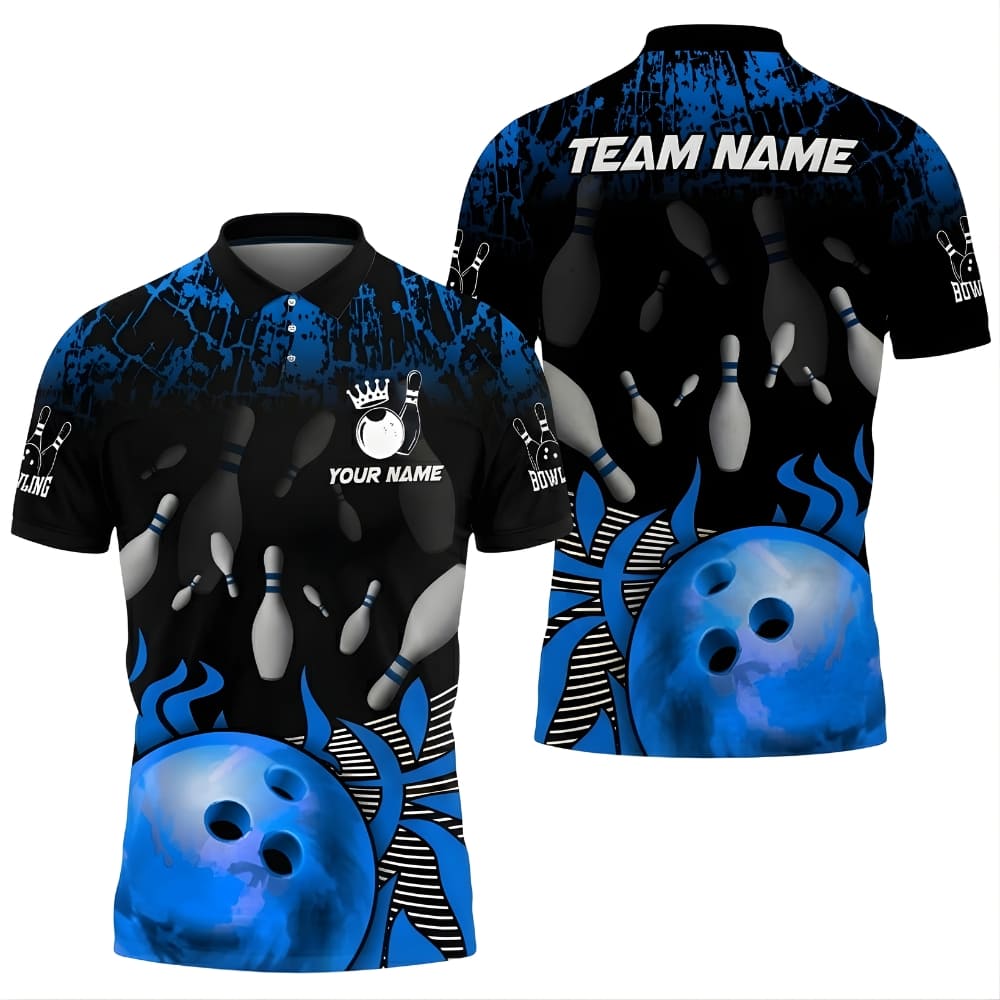 Custom Bowling Polo Shirt – Flame Bowling Ball Design, Personalized Team Name & Player Name