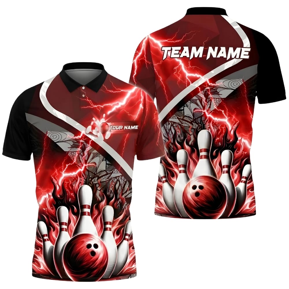 Custom Bowling Polo Shirt – Lightning Strike Bowling Ball & Pins Team Jersey