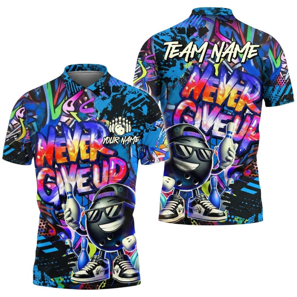 Custom Bowling Polo Shirt – Never Give Up Full Print – Personalized Team Bowling Shirt for Bowling Lovers – Multi-Color Sports Polo