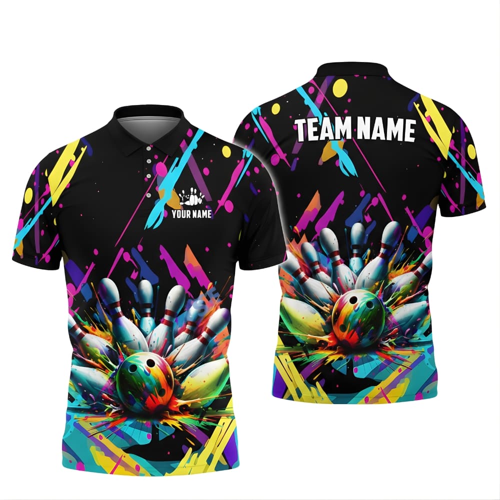 Custom Bowling Shirt – Colorful Splash Bowling Ball Graphic | Personalized Team Name & Player Name