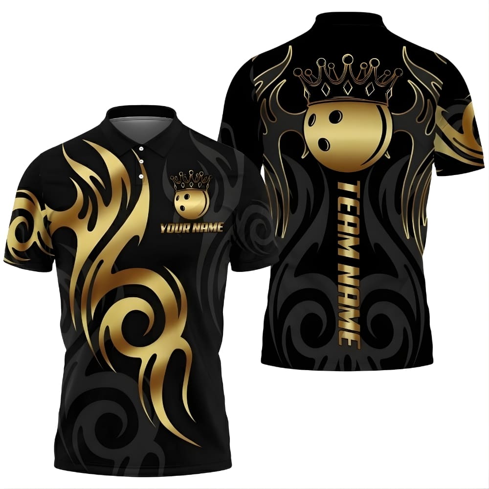 Custom Bowling Team Polo Shirt – Crown Bowling Ball King Design, Personalized Name & Team Name