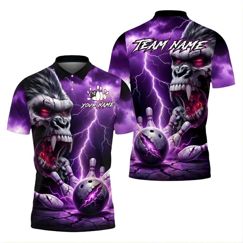 Custom Bowling Team Polo Shirt – Gorilla Lightning Strike Design, Personalized Name & Team Name