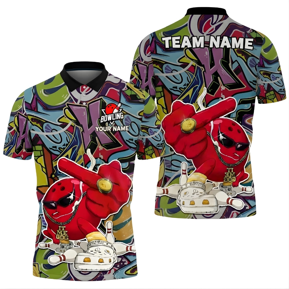 Custom Bowling Team Polo Shirt – Street Graffiti Cartoon Bowling Ball Design, Personalized Name & Team Name