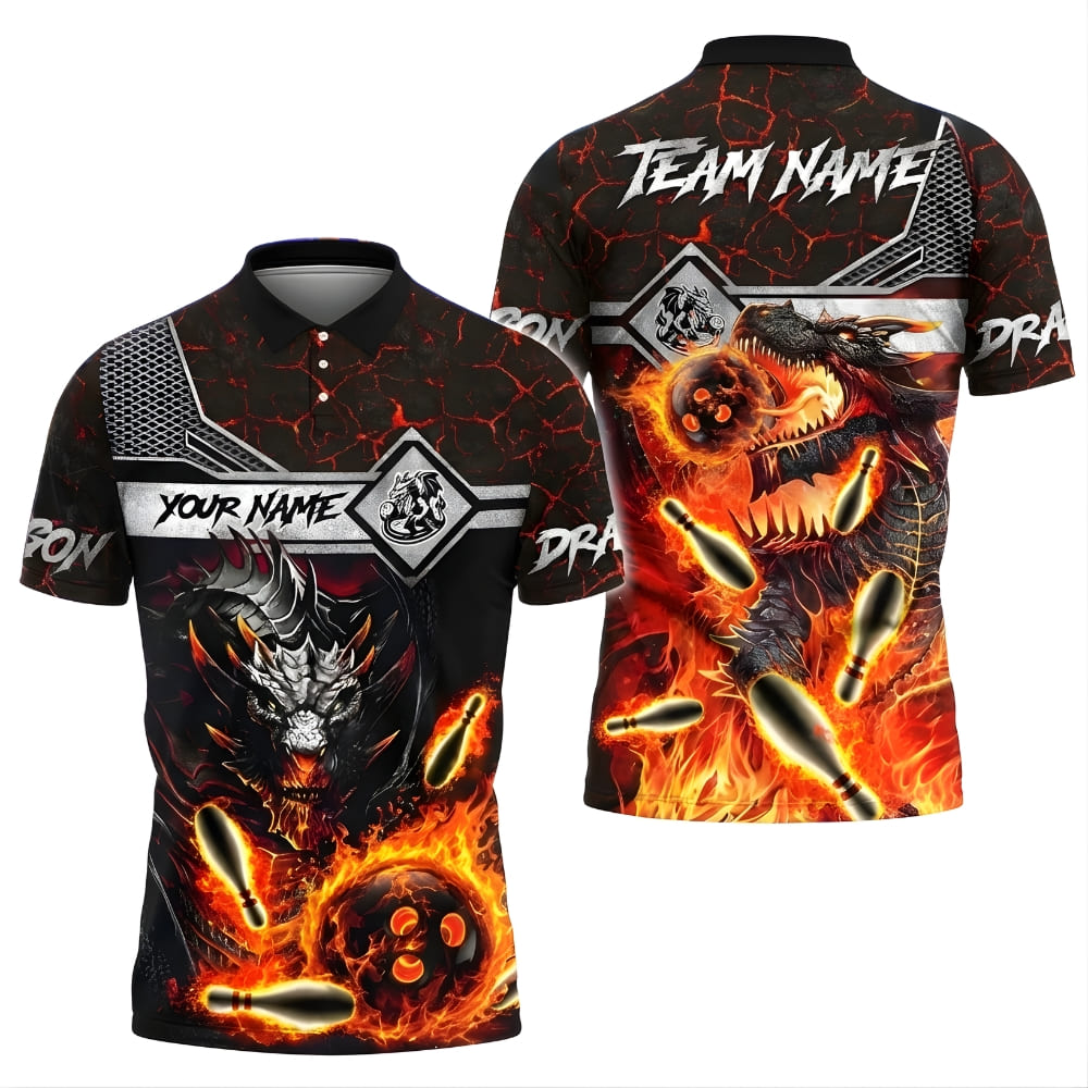 Custom Dragon Bowling Polo Shirt – Fire & Ice Fantasy Bowling Team Jersey, Personalized Name & Team Name