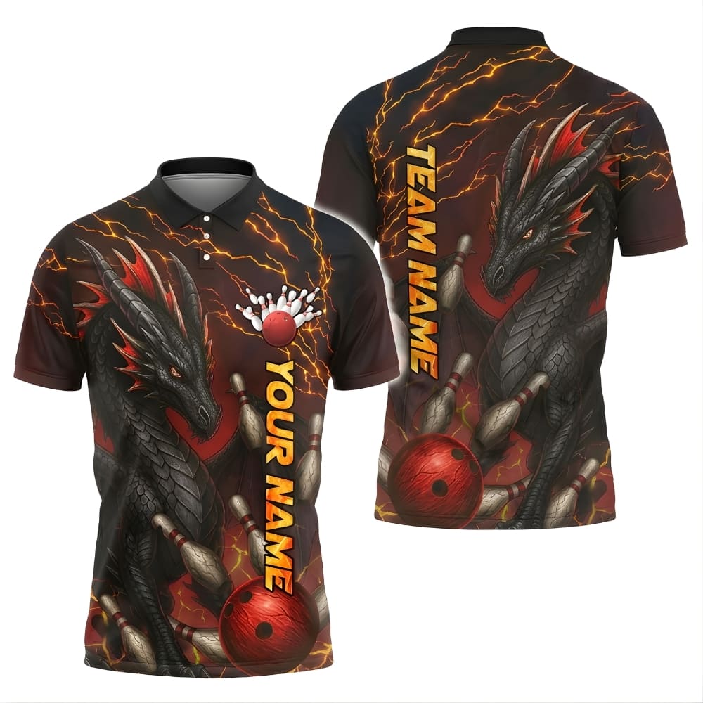 Custom Dragon Bowling Polo Shirt – Personalized Name & Team Name, Lightning Bowling Jersey for Men