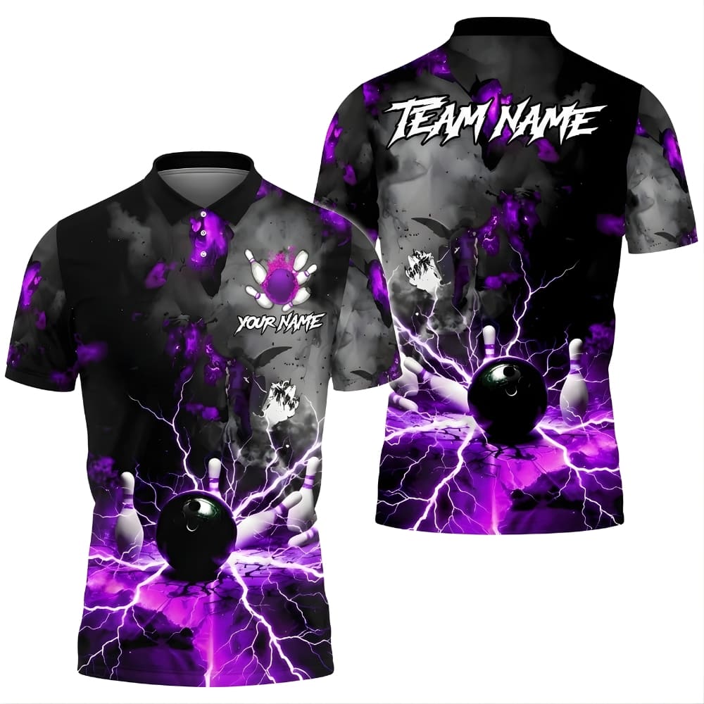 Custom Bowling Polo Shirt – Electric Storm Bowling Ball Design, Personalized Name & Team Name