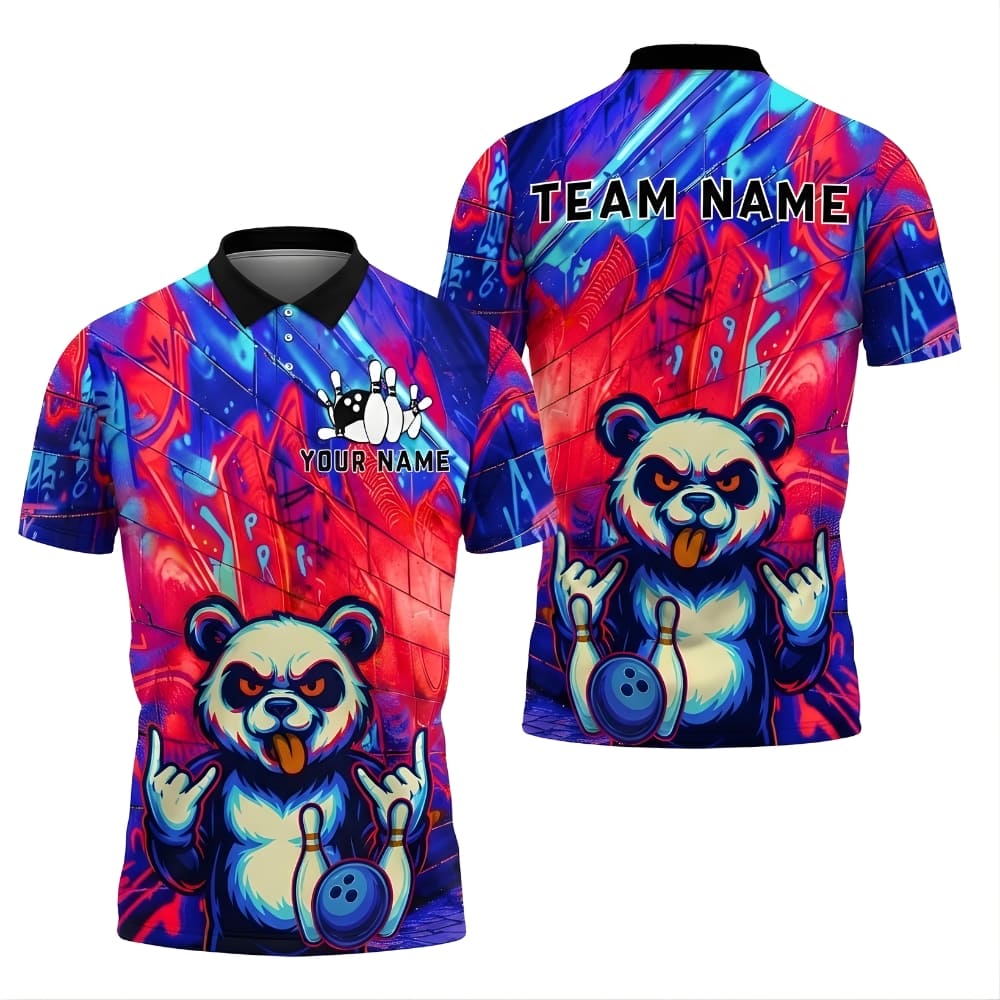 Custom Bowling Polo Shirt Panda Graffiti – Personalized Name & Team Name Bowling Shirt