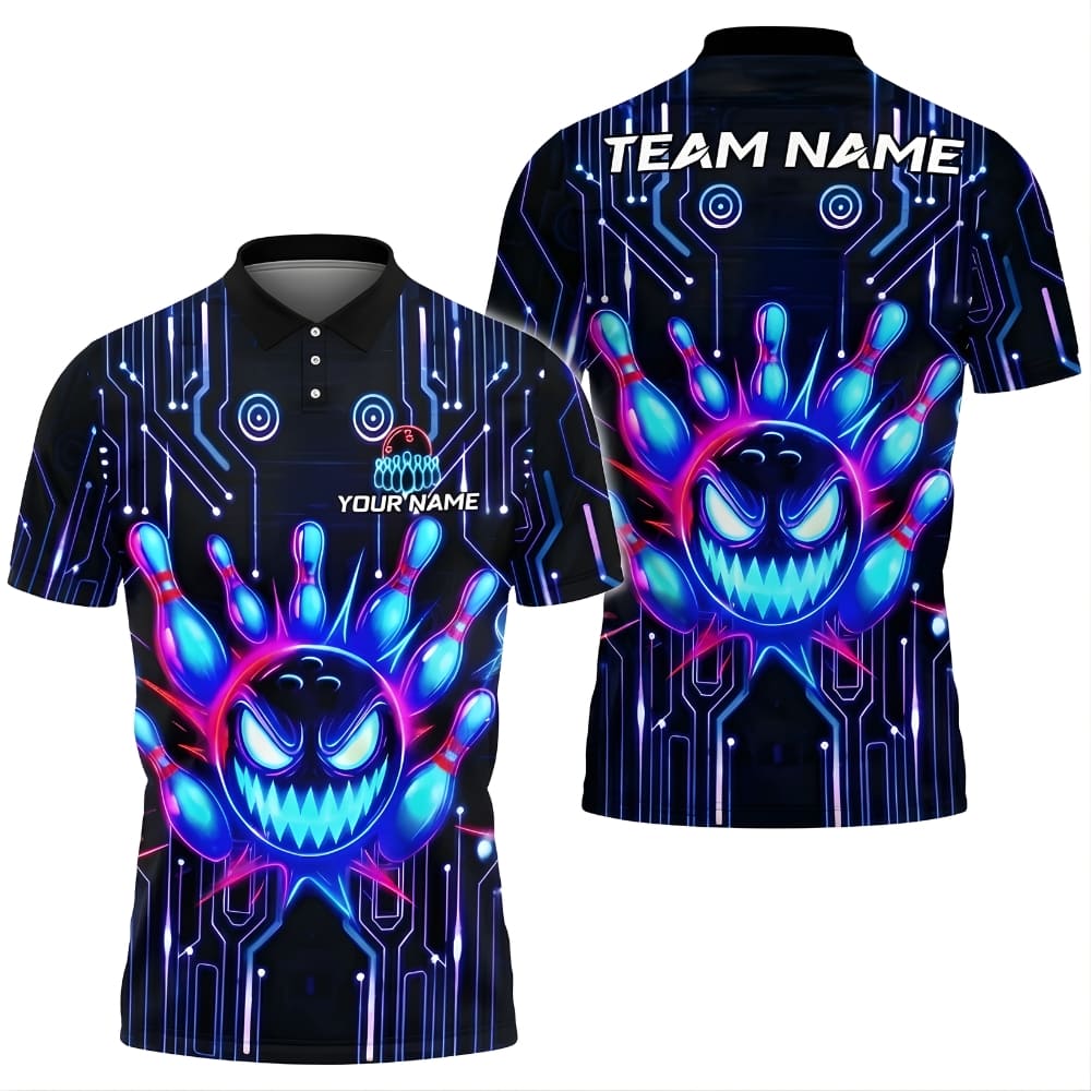 Cyber Bowling Polo Shirt – Neon Skull Hand Design, Custom Name Team Bowling Jersey