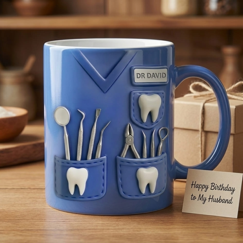 Personalized Dentist Coffee Mug for Dad – Custom Name Dental Tools Mug (Flat Print) Gift for Dad