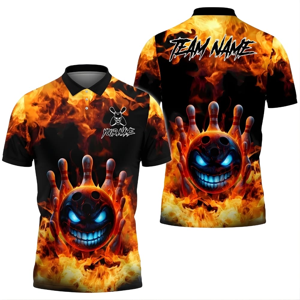 Evil Bowling Ball Fire & Ice Polo Shirt – Personalized Name & Team Name Bowling Jersey