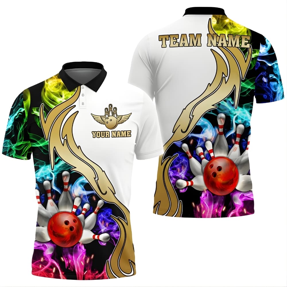 Flame Wing Bowling Polo Shirt Personalized Name & Team – Color Smoke Bowling Ball Pins Design, Unisex Bowling Team Shirt
