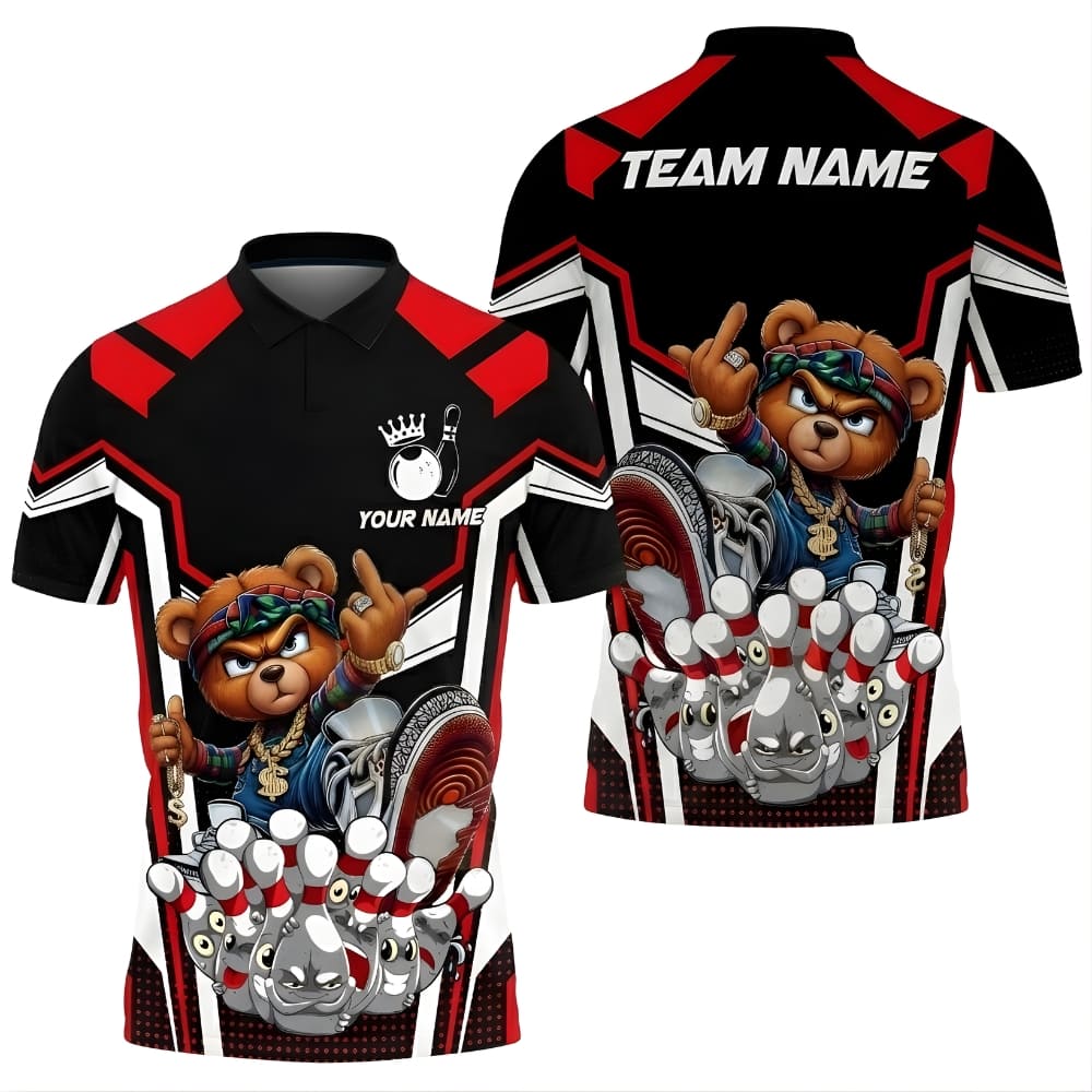 Funny Bear Bowling Polo Shirt – Custom Name & Team Name | Unisex Bowling Team Jersey