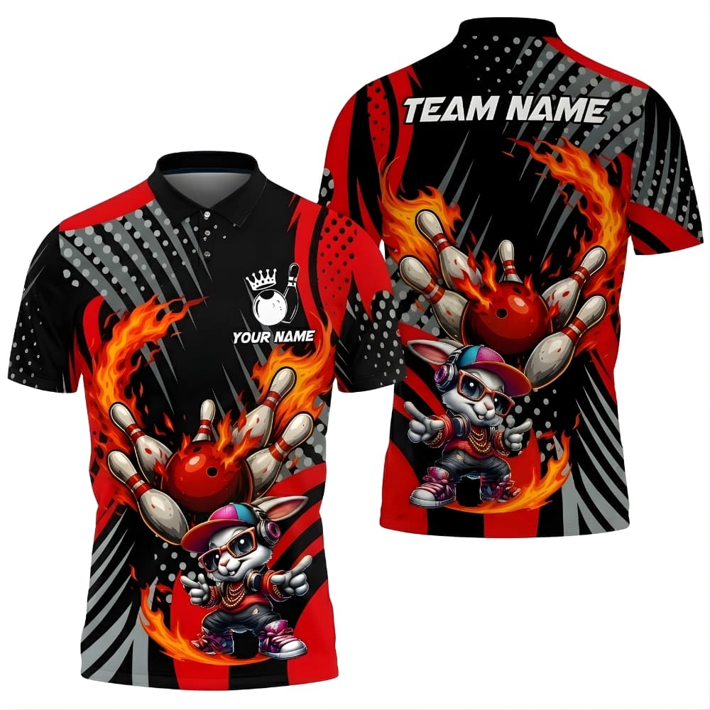 Funny Bowling Team Polo Shirt – Cartoon Bowler & Flaming Ball Design – Custom Name & Team Name