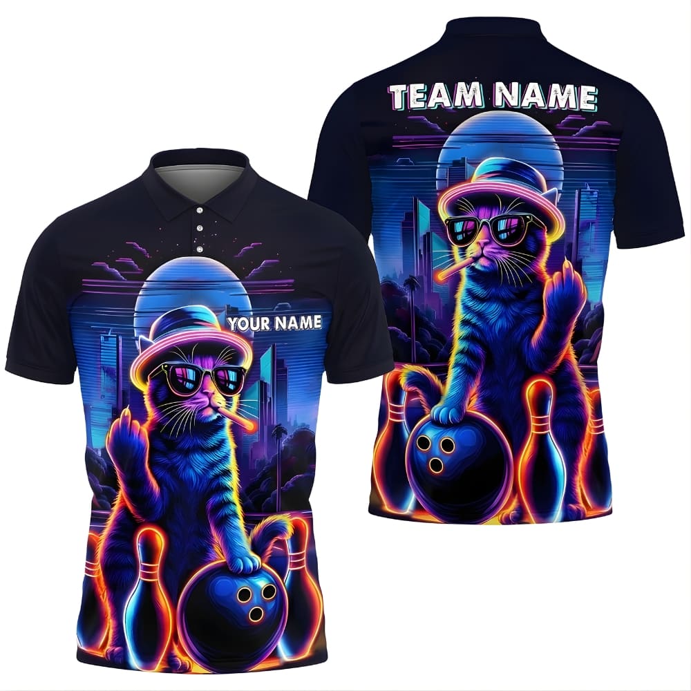 Funny Cat Bowling Polo Shirt – Custom Name & Team Name, Neon Retro Bowling Jersey for Men