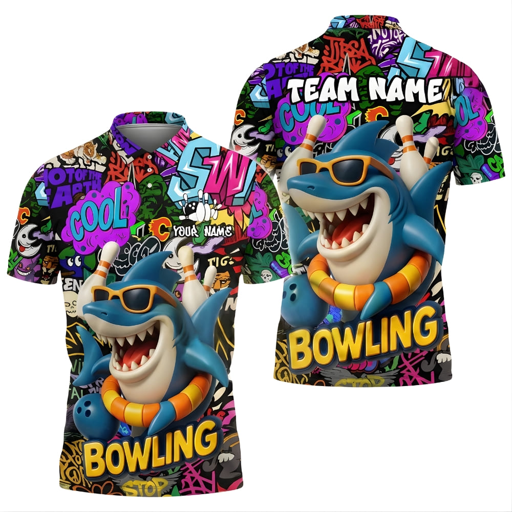 Funny Shark Bowling Shirt Personalized Name – Graffiti Bowling Polo for Men & Team