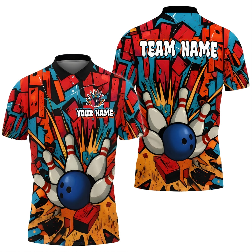 Graffiti Bowling Polo Shirt Personalized Name & Team – Colorful Bowling Ball Pins Design, Unisex Bowling Team Shirt