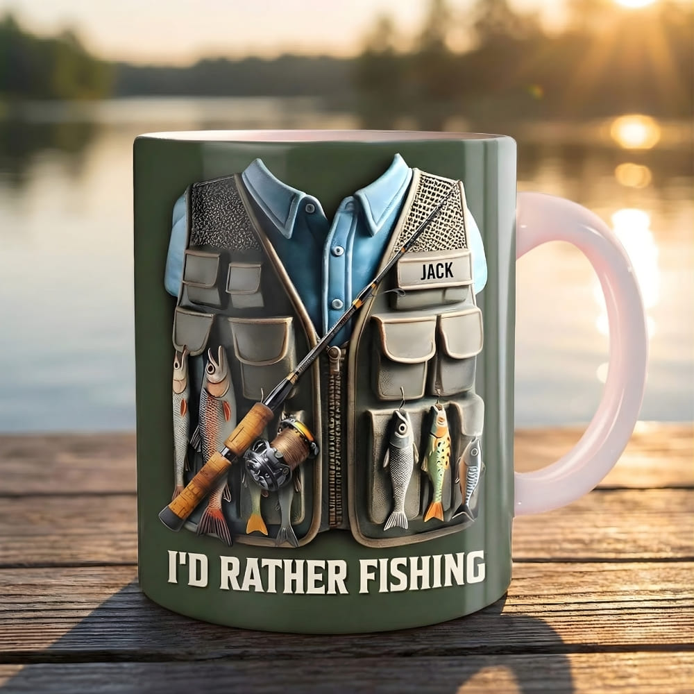 Personalized Fishing Coffee Mug for Dad – Custom Name Fishing Vest Mug (Flat Print) Gift for Dad