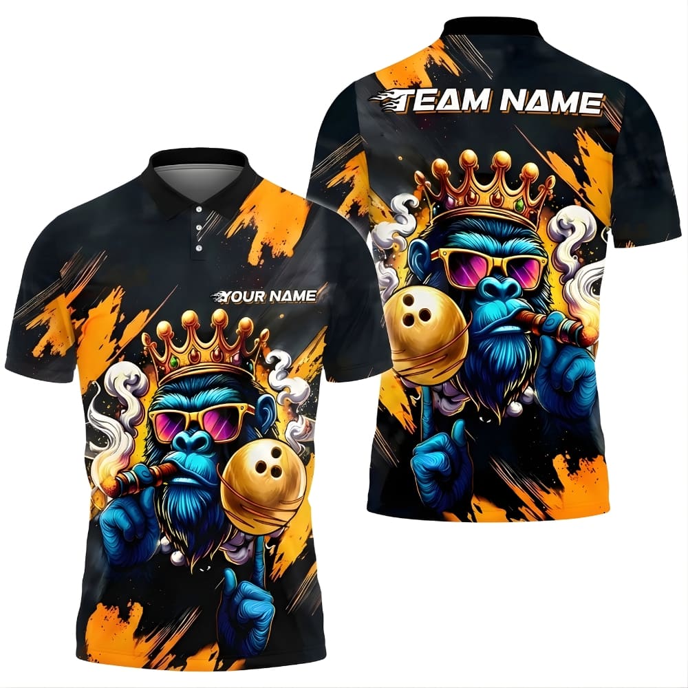 King Gorilla Bowling Polo Shirt – Custom Name Team Bowling Shirt for Men, Cool Gorilla Crown Bowling Design