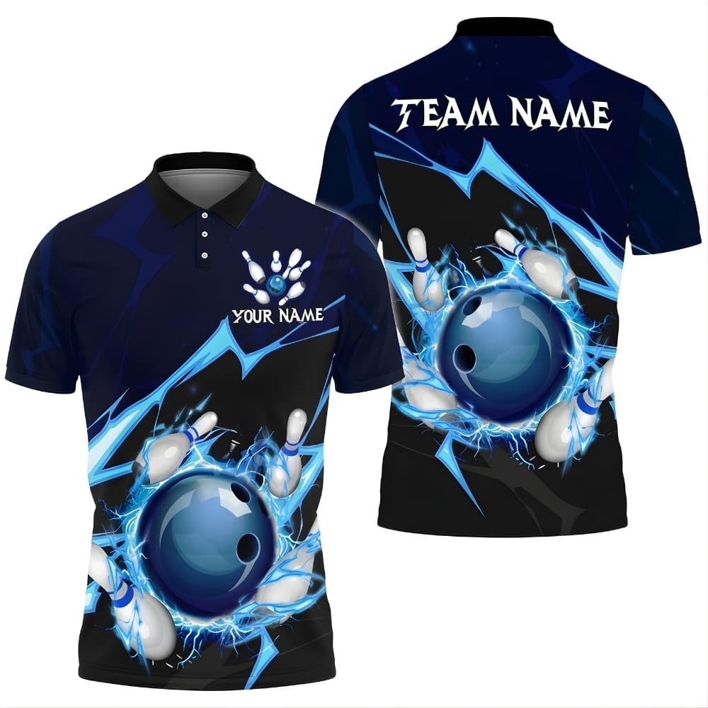Lightning Bowling Polo Shirt Personalized Name & Team – Electric Bowling Ball Pins Design, Unisex Bowling Team Shirt