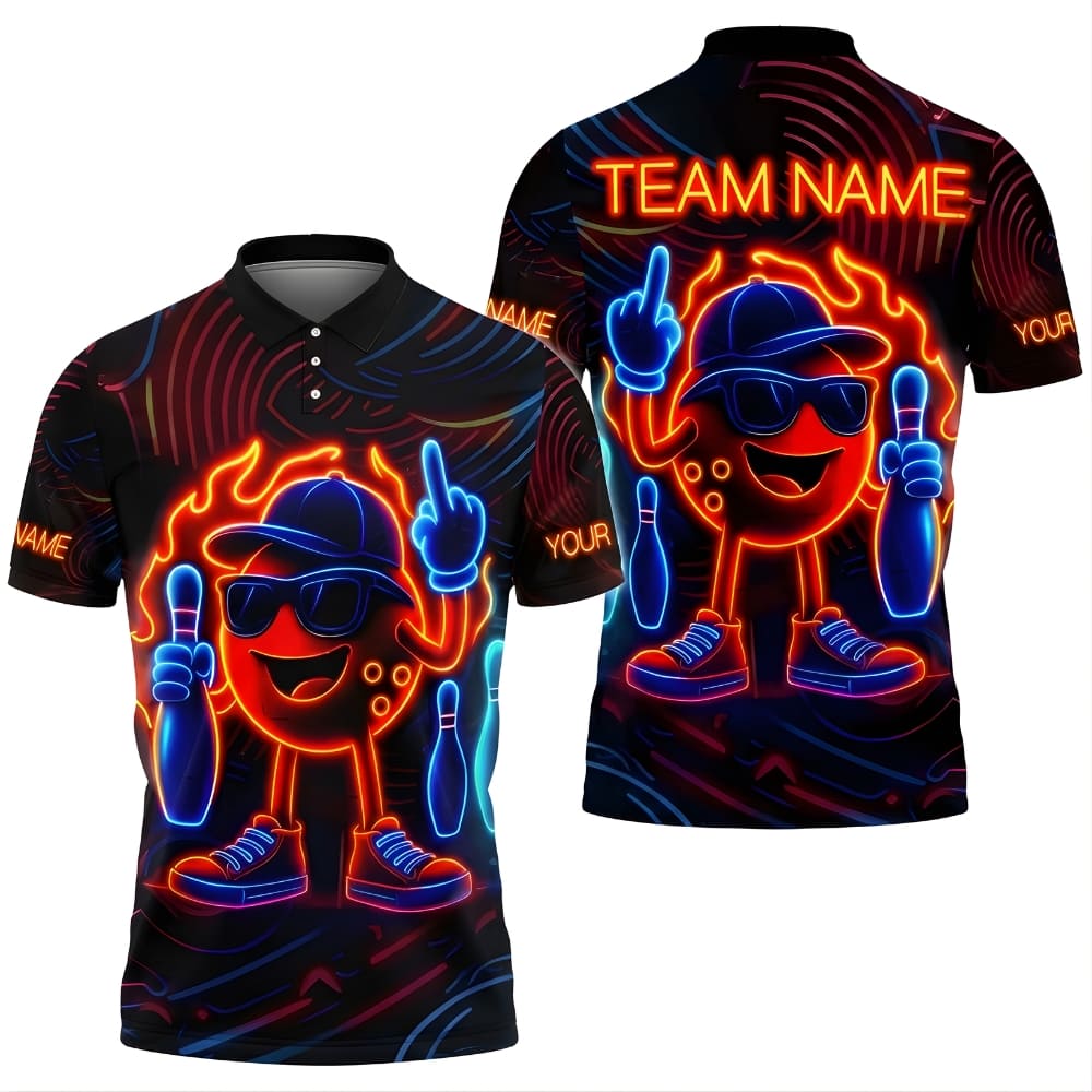 Neon Bowling Polo Shirt with Custom Name & Team Name – Funny Cartoon Bowling Ball Graphic, Unisex Bowling Team Shirt
