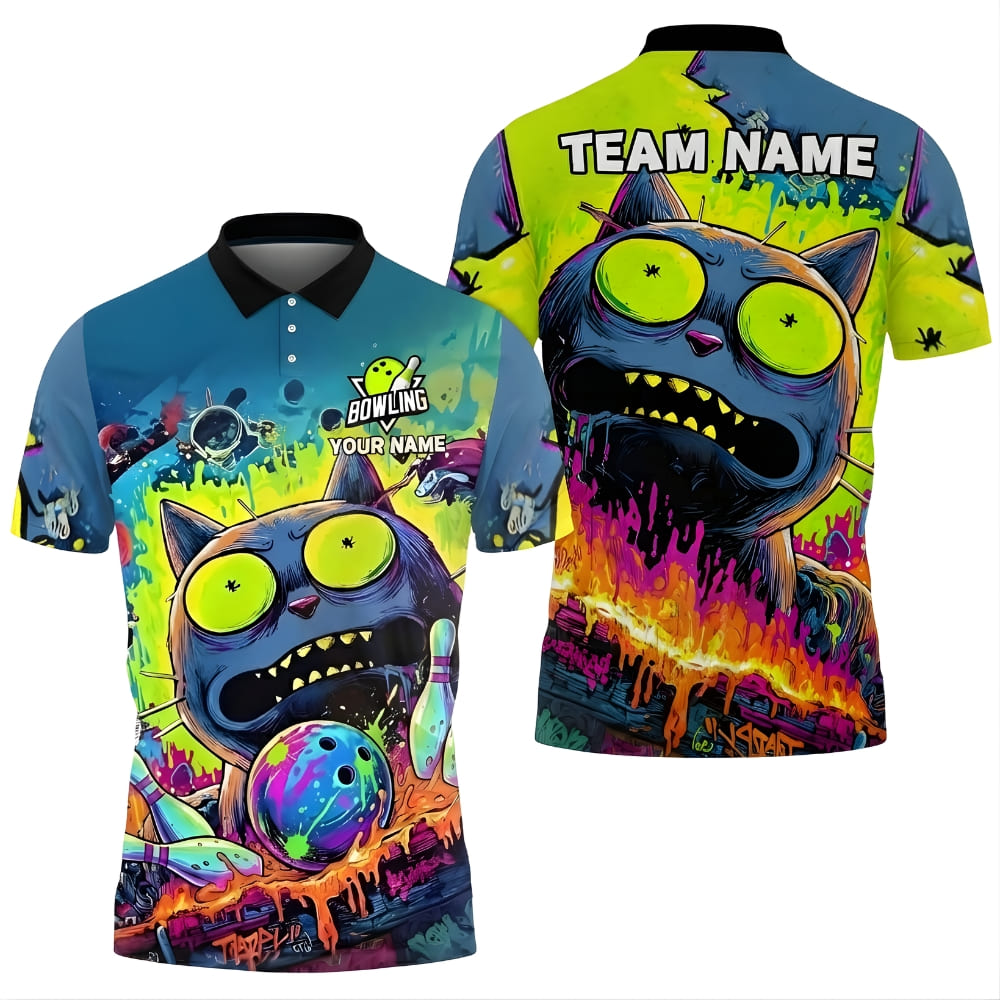 Neon Cat Bowling Team Polo Shirt – Street Art Graphic – Custom Name & Team Name