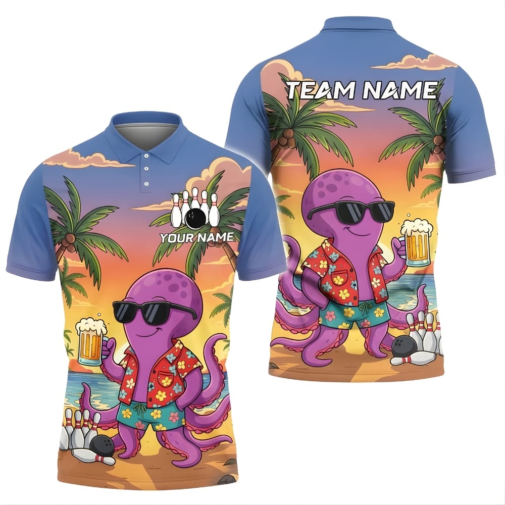 Octopus Bowling Shirt Personalized Team Name – Funny 3D Bowling Polo for Men, League & Summer Events