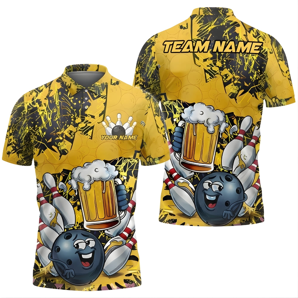 Bowling Beer Polo Shirt Personalized Name & Team – Funny Bowling Ball Pins Graphic, Unisex Bowling Team Shirt