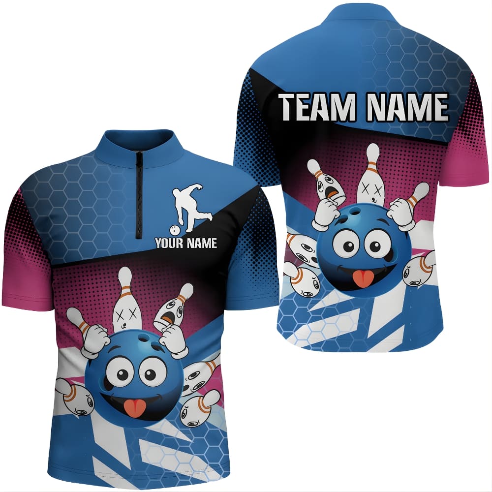 Personalized Bowling Polo Shirt – Funny Bowling Ball Cartoon Design – Custom Name Team Bowling Shirt