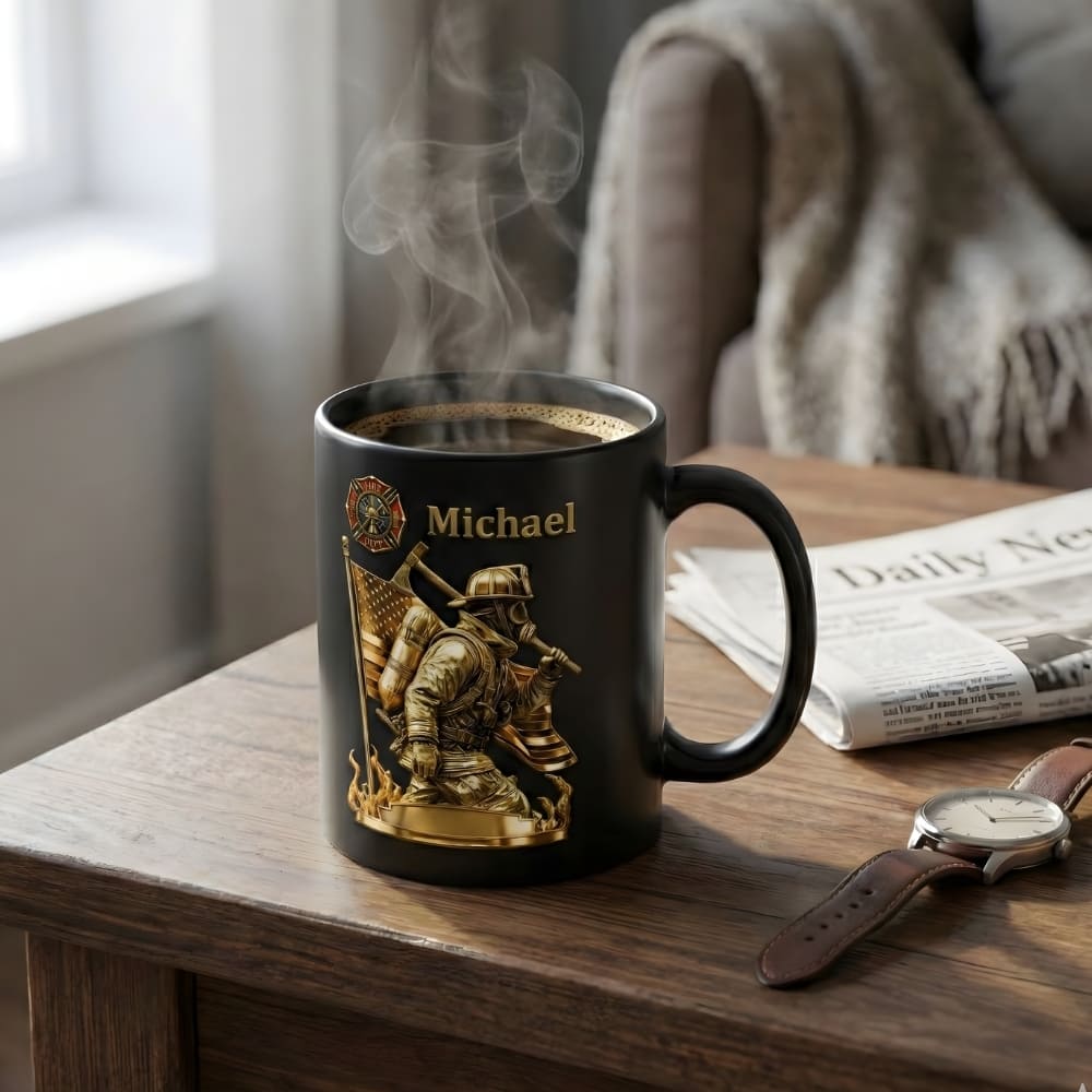 Personalized Firefighter Coffee Mug for Dad – Custom Name Fireman Mug (Flat Print) Gift for Dad
