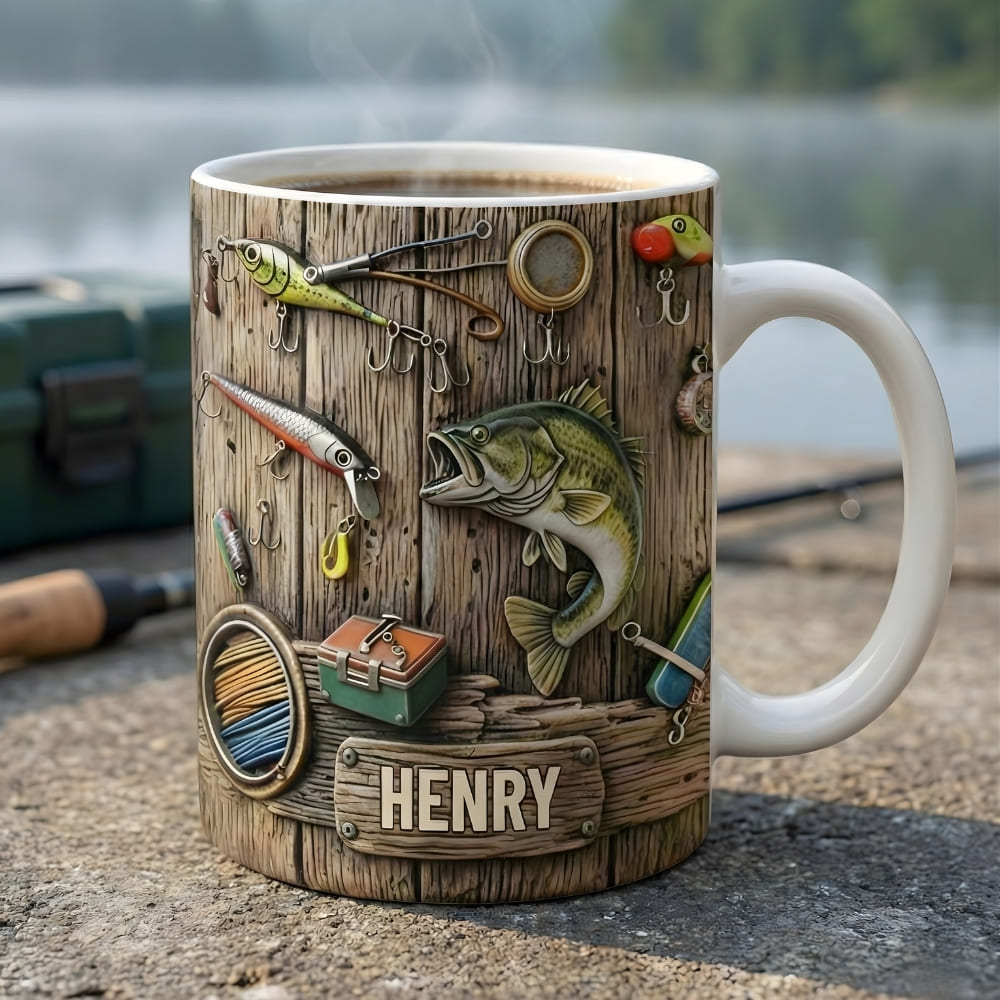 Personalized Fishing Coffee Mug for Dad – Custom Name Angler Mug (Flat Print) Gift for Dad