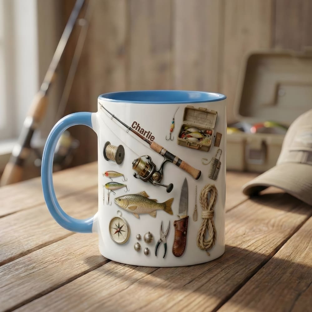 Personalized Fishing Coffee Mug for Dad – Custom Name Fisherman Mug (Flat Print) Gift for Dad