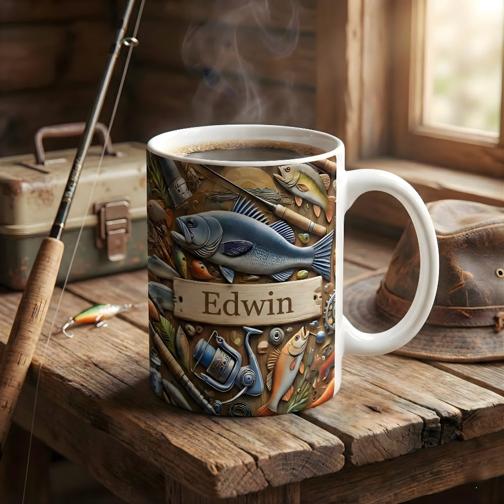 Personalized Fishing Coffee Mug for Dad – Custom Name Fishing Mug (Flat Print) Gift for Dad