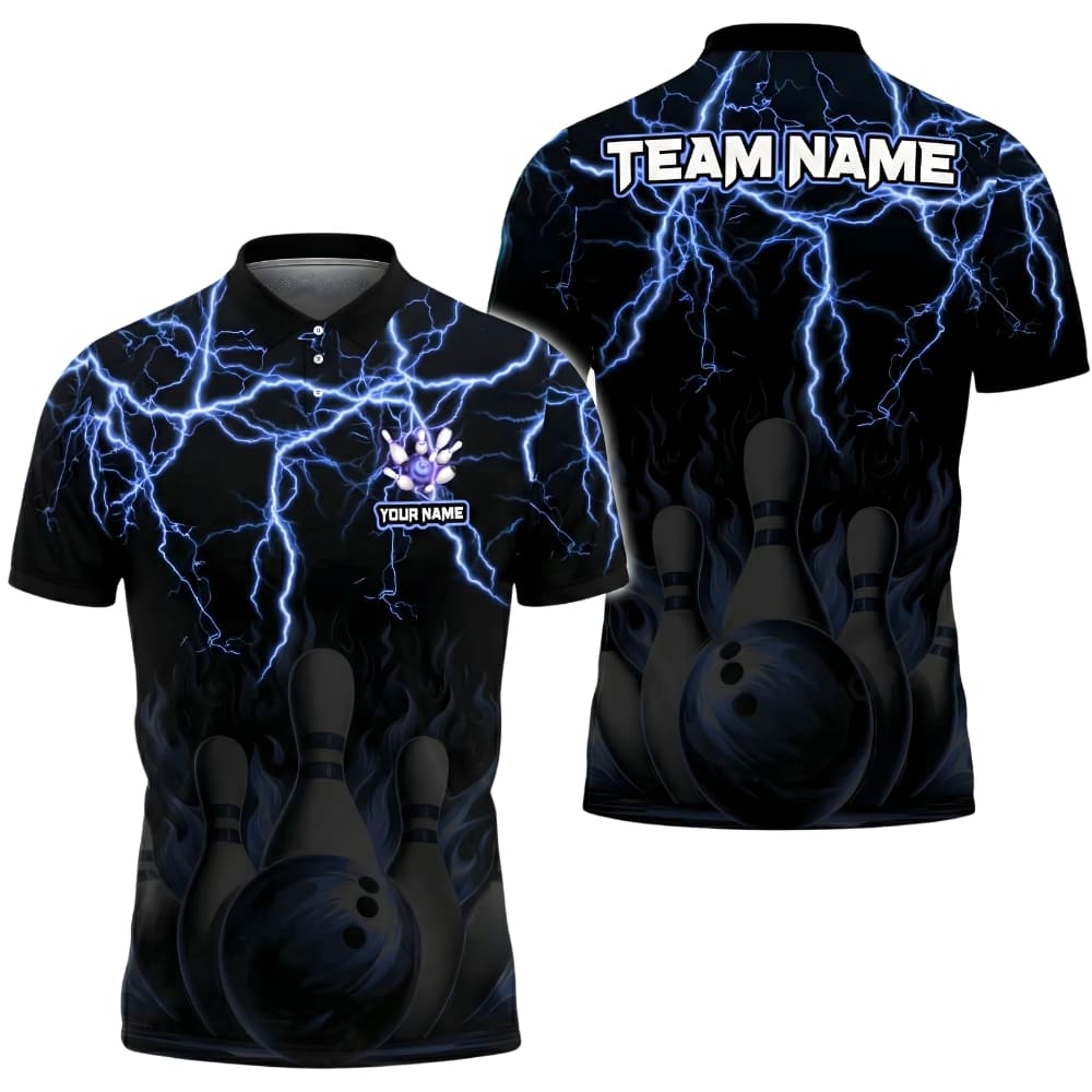 Personalized Lightning Bowling Polo Shirt – Custom Team Name & Player Name – Unisex Bowling Shirt for League & Tournament