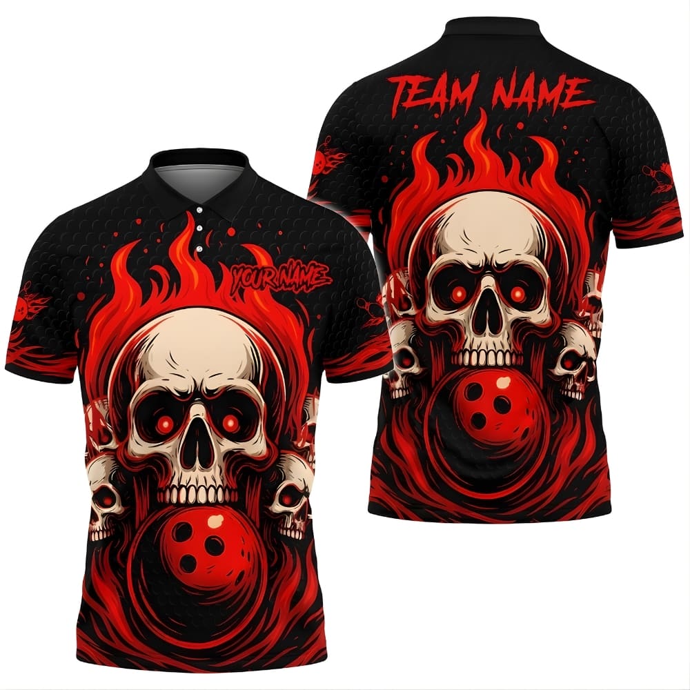 Skull Fire Bowling Shirt Custom Name – Unisex Bowling Team Jersey, Graphic Bowling Polo Shirt