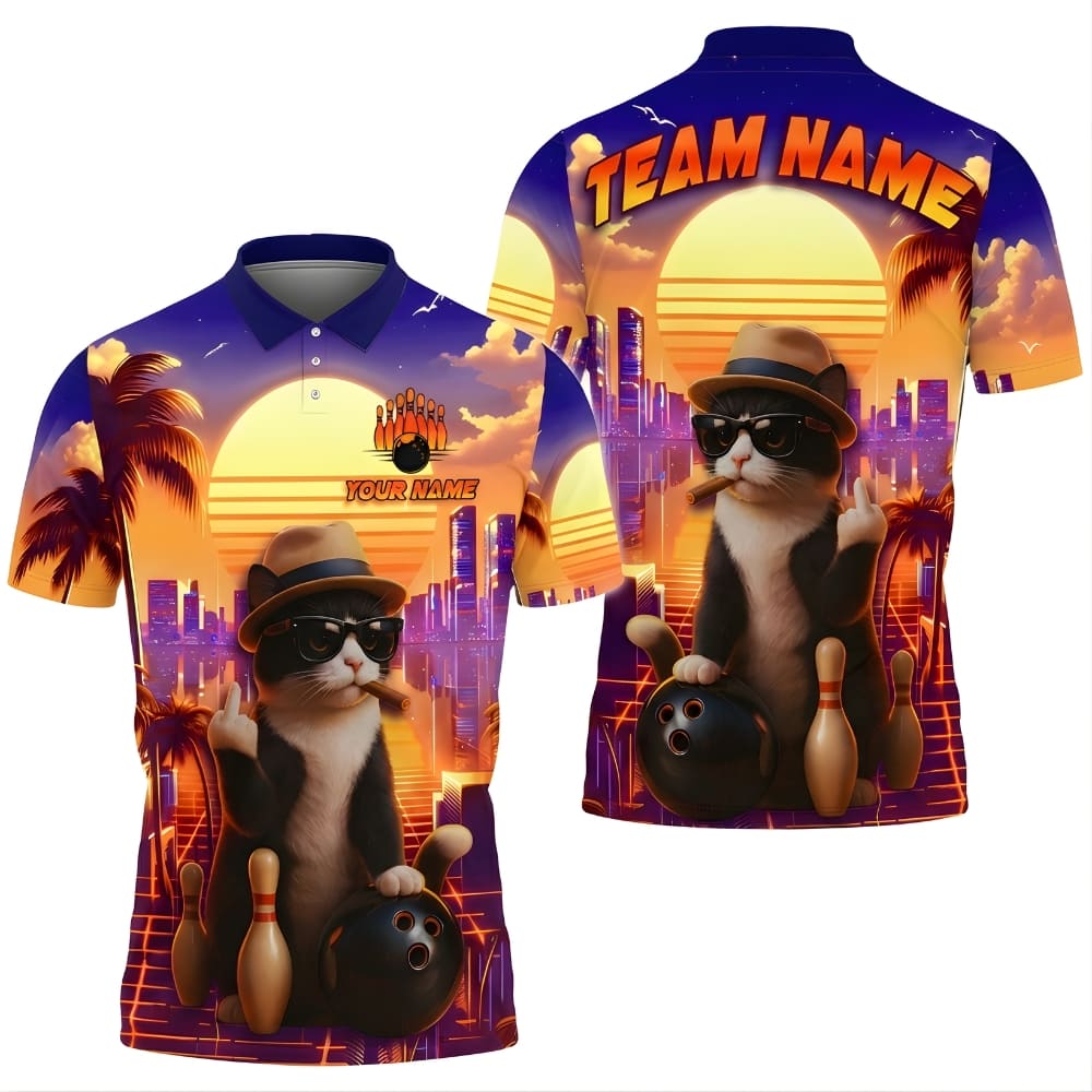 Funny Cat Bowling Shirt Personalized Team Name – Sunset City 3D Bowling Polo for Men