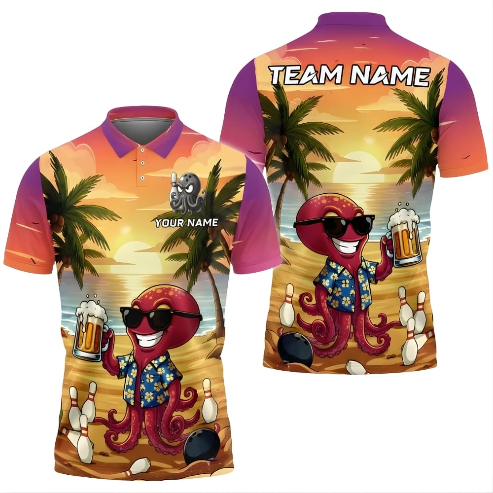 Octopus Bowling Shirt Personalized Team Name – Tropical Sunset Funny 3D Bowling Polo for Men