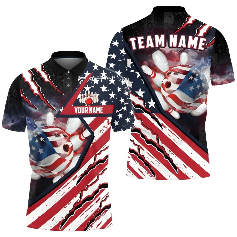 USA Bowling Polo Shirt Personalized Name & Team – American Flag Bowling Ball Pins Design, Unisex Bowling Team Shirt