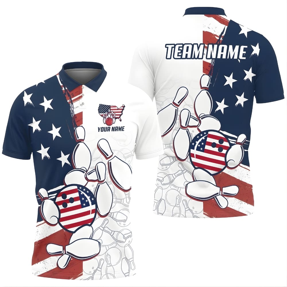 USA Bowling Polo Shirt Personalized Name & Team – American Flag Bowling Ball Pins Design, Unisex Bowling Team Shirt