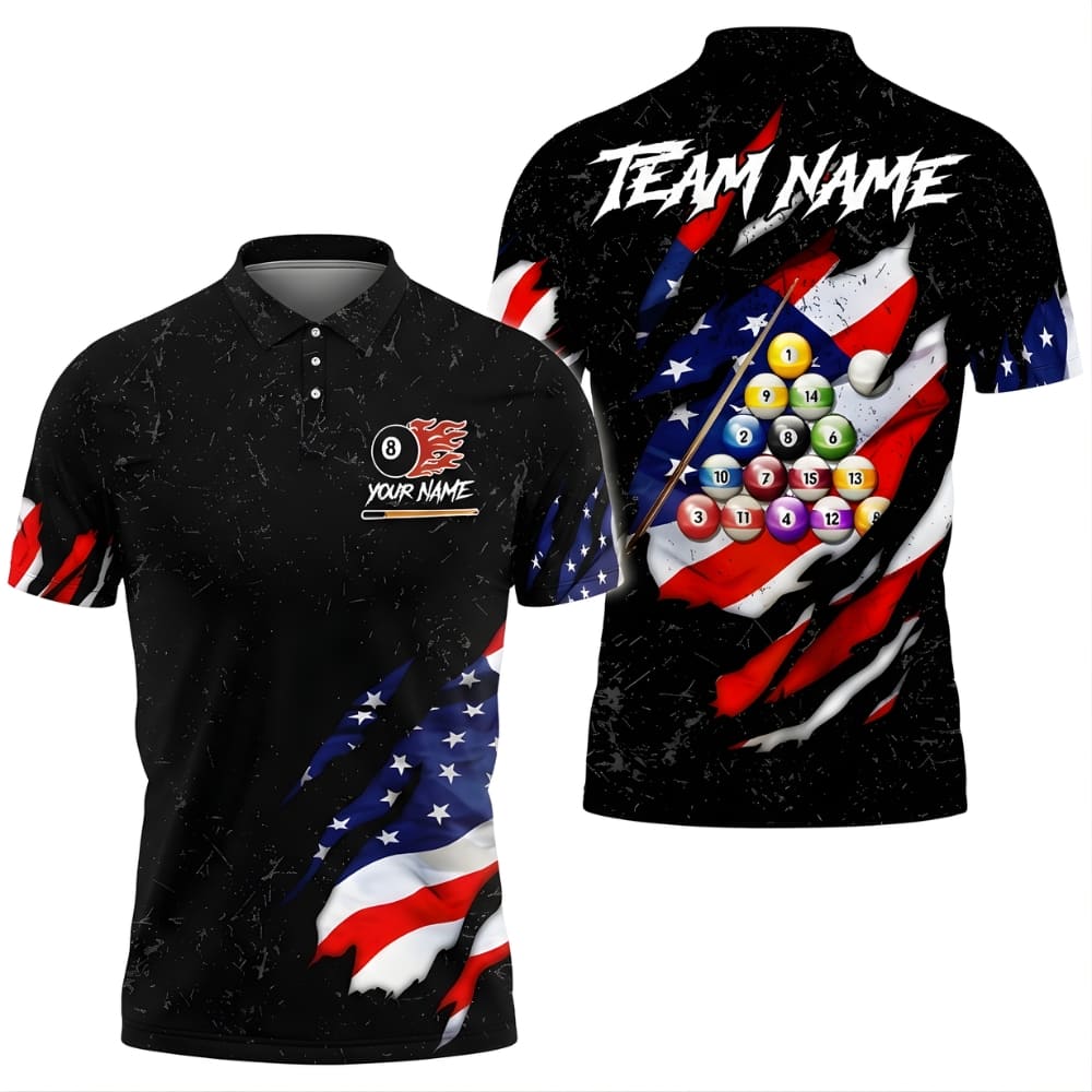 Custom American Flag Billiards Polo Shirt – Personalized Pool Team Shirt with Name & Team Name