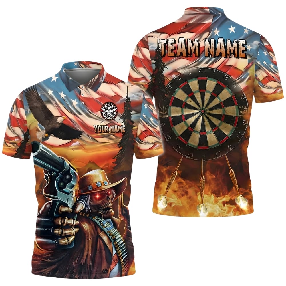 American Western Skull Darts Polo Shirt – Custom Team Name & Player Name | Patriotic Dartboard Design