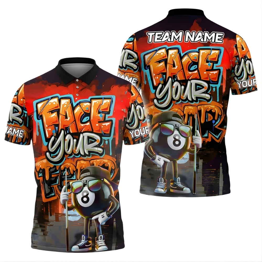 Custom Billiards Polo Shirt – Face Your Fear Graffiti Design – Personalized Name & Team Name