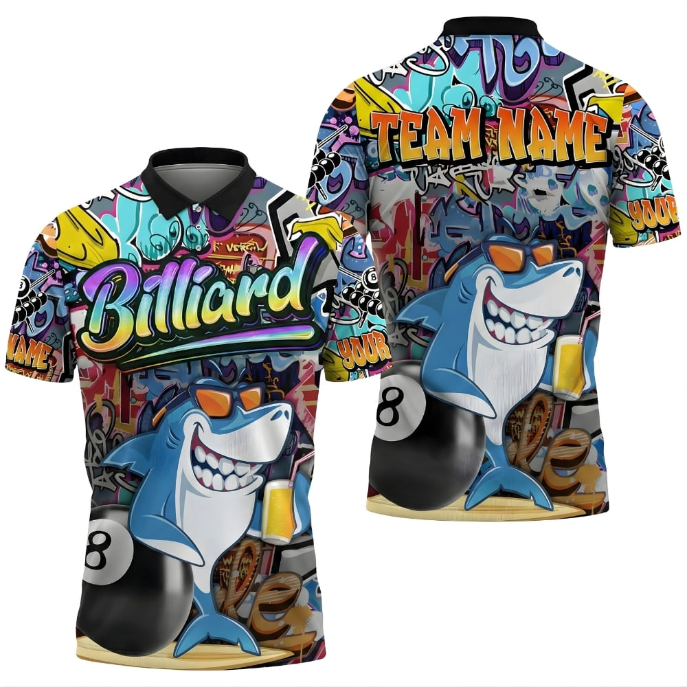 Custom Billiards Polo Shirt – Cartoon Shark Graffiti Design with Personalized Name & Team Name