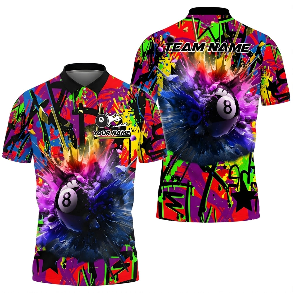 Custom 8 Ball Billiards Polo Shirt – Personalized Name & Team Name – Graffiti Explosion Pool Shirt