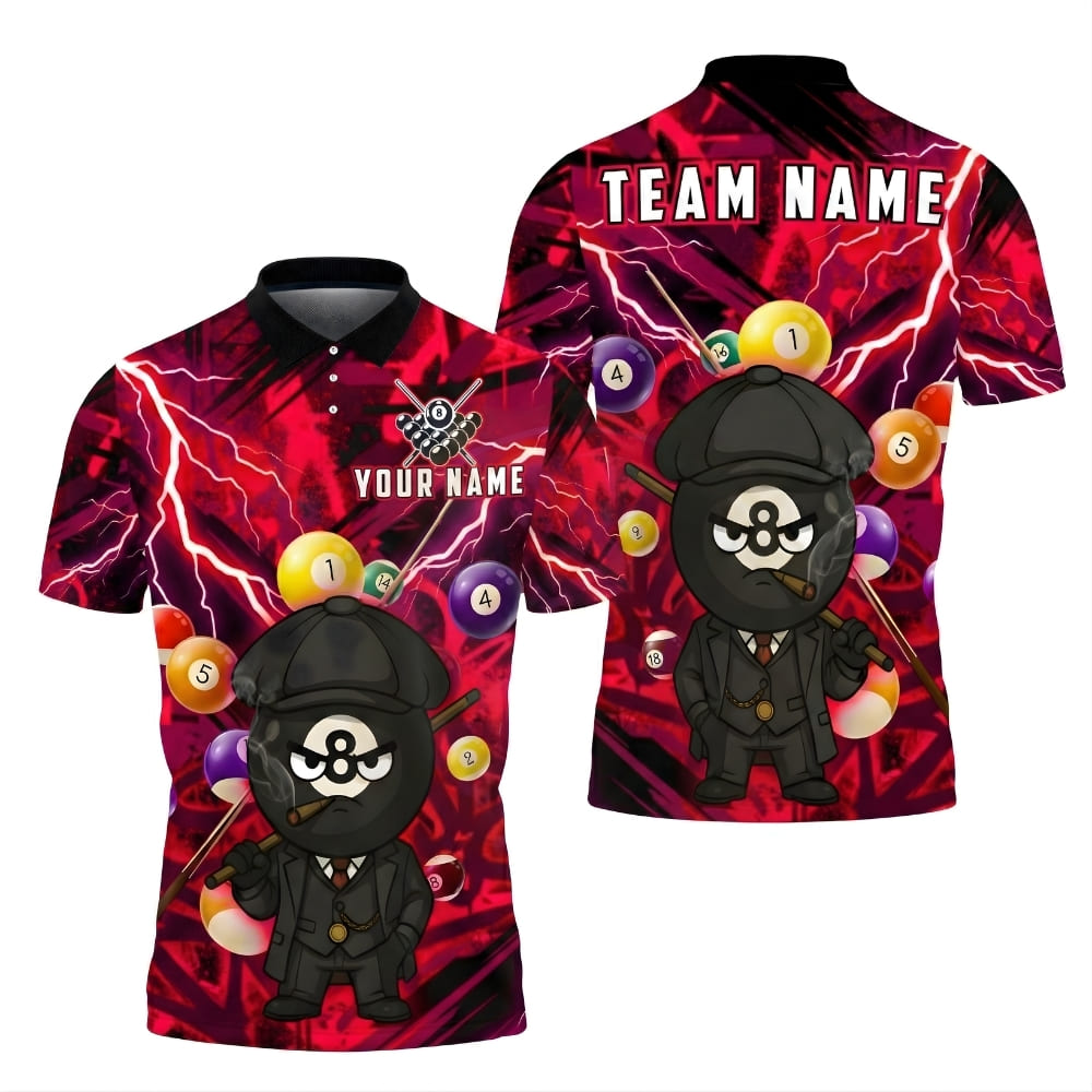 Custom Billiard Polo Shirt – 8 Ball Cartoon Lightning Design | Personalized Pool Shirt