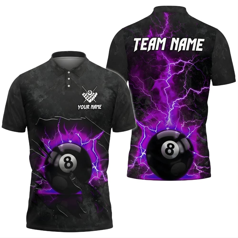Custom Billiard Polo Shirt – 8 Ball Lightning Design | Personalized Pool Team Shirt